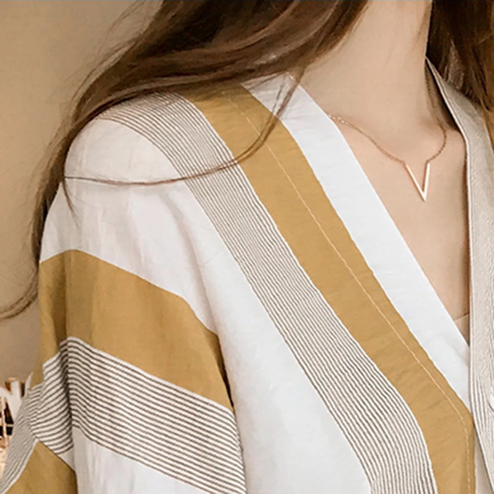 

Women Summer Casual Striped V Neck Loose Half Sleeve Polyester Blouse Elegant Work Wear Chiffon Shirts