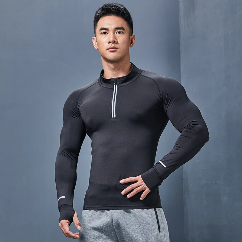 Спортивная Мужская футболка с молнией быстросохнущая длинным рукавом