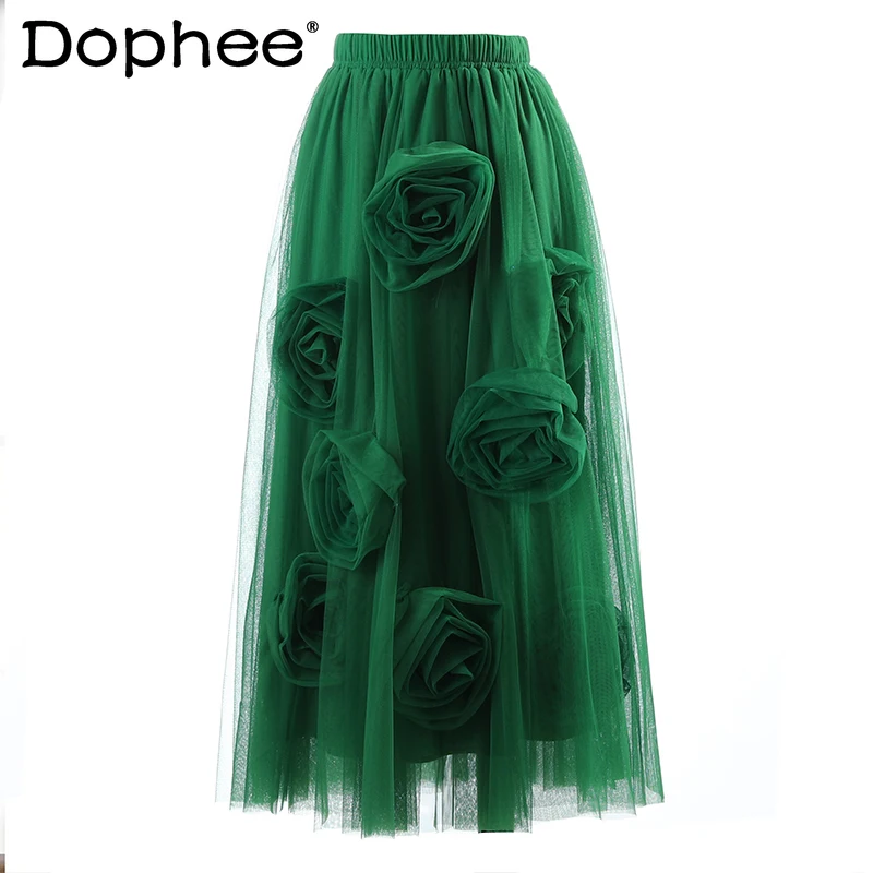 

Elegant 3D Flower Mesh Long Skirts Women 2021 Spring Autumn New Fashion Puffy Skirt Fairy High Waist Midi Organza Pleated Faldas