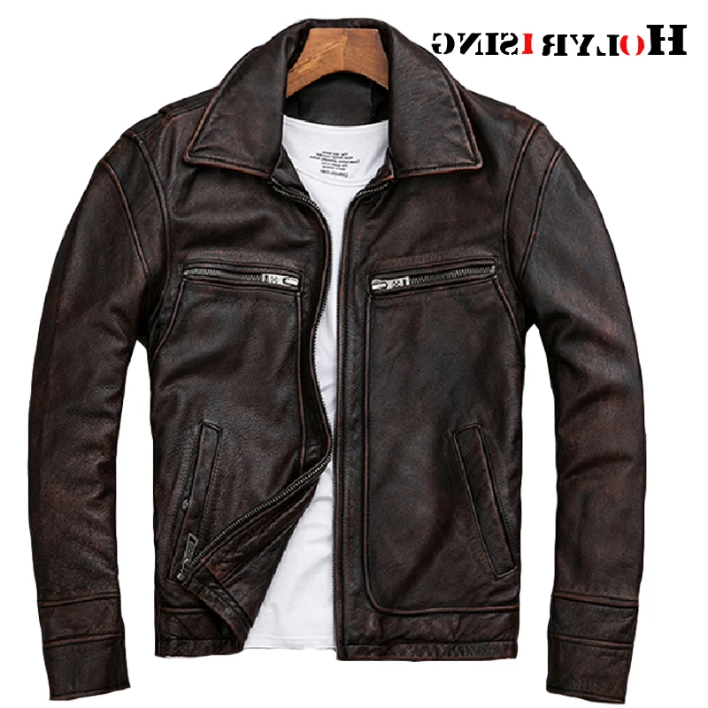 

Genuine leather men's distressed motorcycle men real leather jacket 100% Cowhide retro red brown men's Leather Coat 19078-5