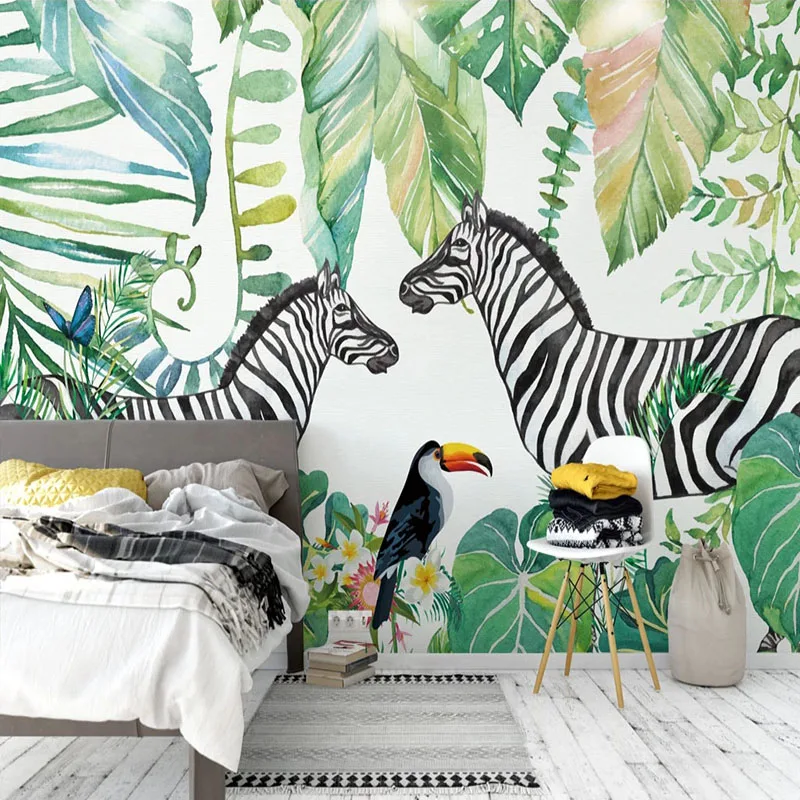 Custom Mural 3D Hand Painted Green Leaf Zebra Parrot Photo Background Wall Painting Living Room Kids Bedroom Home Wallpaper |