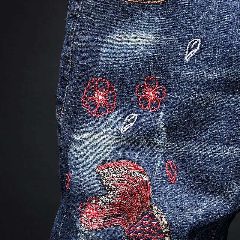 Мужские облегающие джинсы Koi fish синие повседневные хлопковые брюки с вышивкой