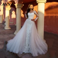 anna beauty wedding dress 2022 bohemia o neck long sleeve beach party mermaid gown vestido de noiva detachable civil girl cloth