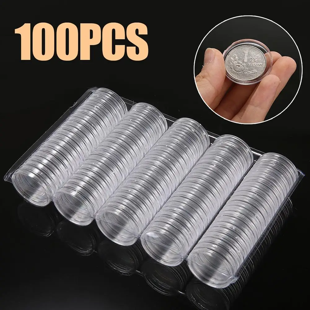 

100Pcs/Set Coin Storage Container Box 27mm Display Capsules Holder Round Ring Applied Clear Plastic Cases Collection Gifts