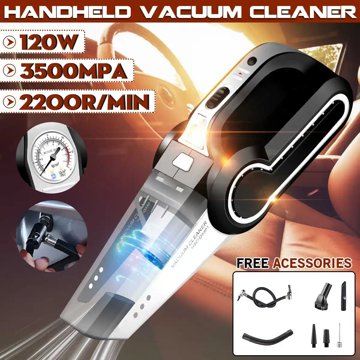 

4 in 1 Auto Car Vaccum Cleaner LED Lighting Tire Inflator Pump Pressure Cyclone Dust Collector Vaccum Cleaners for Car Home