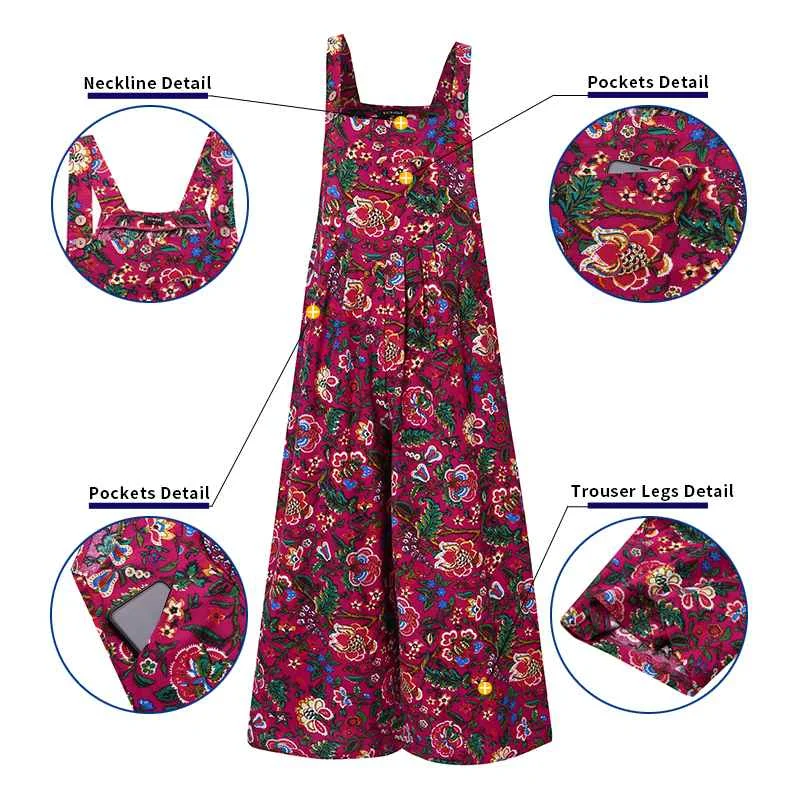 

Floral Print Rompers Women Vintage Wide Leg Pants 2021 VONDA Female Overalls Summer Bohemian Playsuits Loose Jumpsuits Plus Size