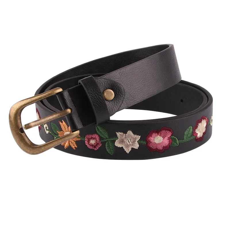 

PU Leather Belts Women Embroidery Flowers Belt Decorative Metal Buckle Classical Dress Skirt Waistband Harajuke Waistbelts Belts
