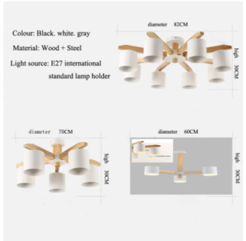 

Wrought iron & solid wood E27 nordic personality simple white & black & gray color chandelier for bedroom kitchen living room