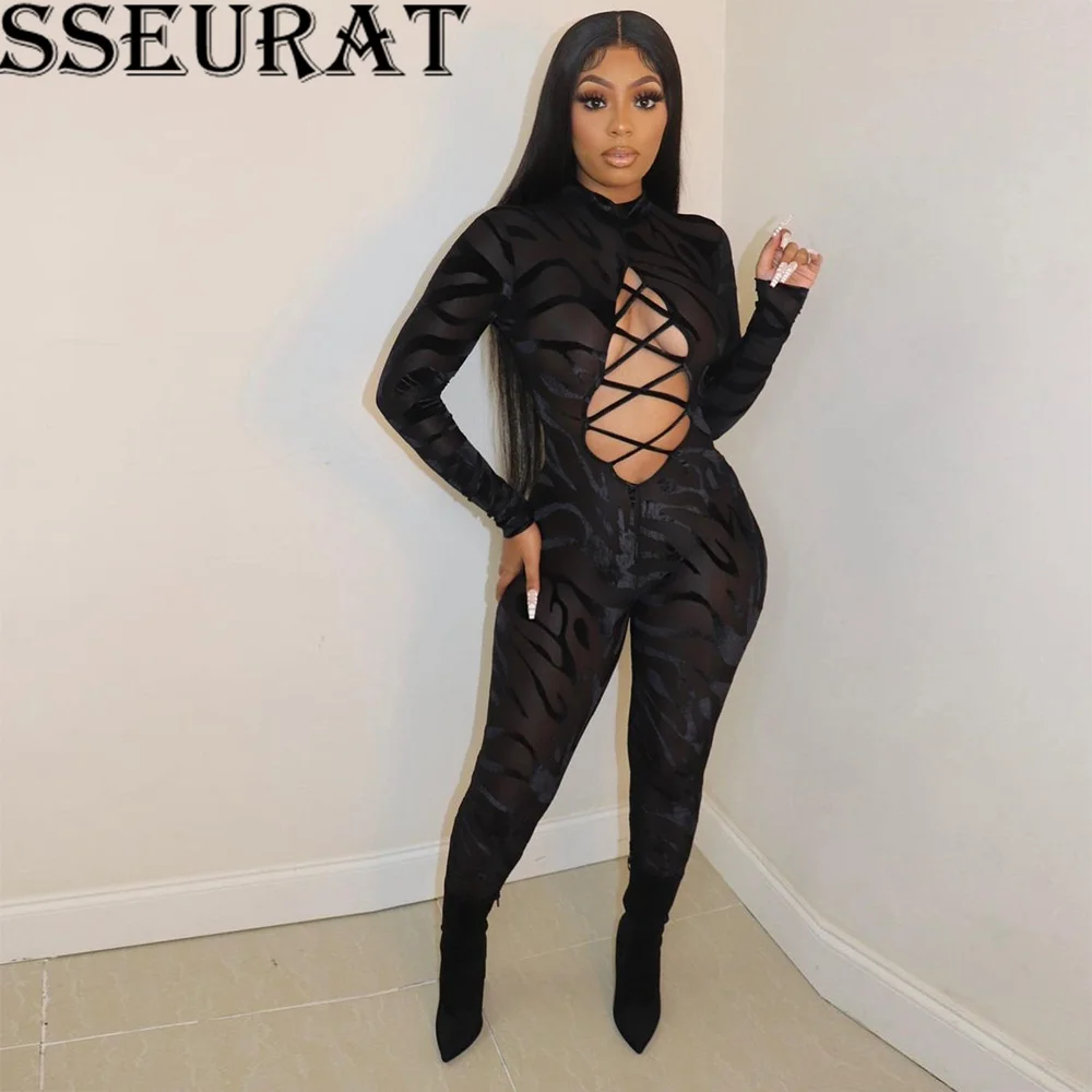

Женский сетчатый прозрачный комбинезон SSEURAT, черный облегающий комбинезон в стиле пэчворк с длинным рукавом и высоким воротником, осень