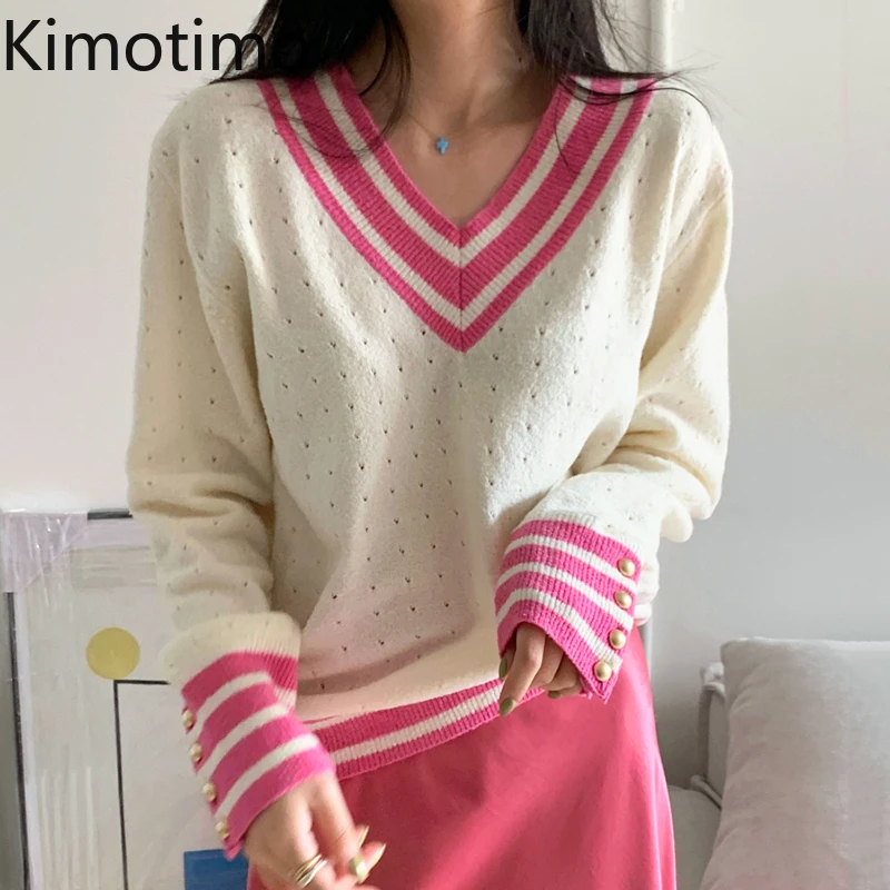 

Пуловер Kimotimo с V-образным вырезом, свитер, женский корейский шикарный Повседневный контрастный Вязаный топ с контрастными цветами, Осенние ...