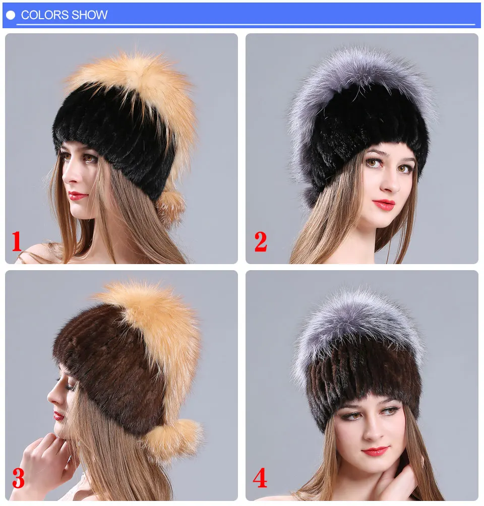 Зимние шапки из меха норки, шапки из меха серебристой лисы, шапка с помпоном, шапка из натурального меха, эластичные вязаные шерстяные шапки, женская шапка