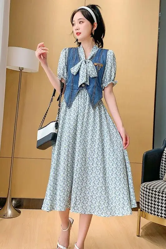 

COIGARSAM Patchwork Women dress Summer Floral Print High Waist Long Dresses Blue Red Purple 8818