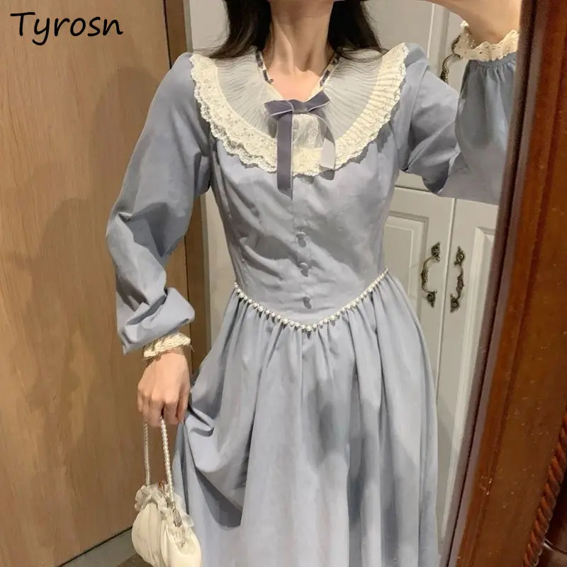 

Кружевное изысканное платье с круглым вырезом и длинными рукавами-фонариками, модное милое платье-трапеция до середины икры с высокой тали...