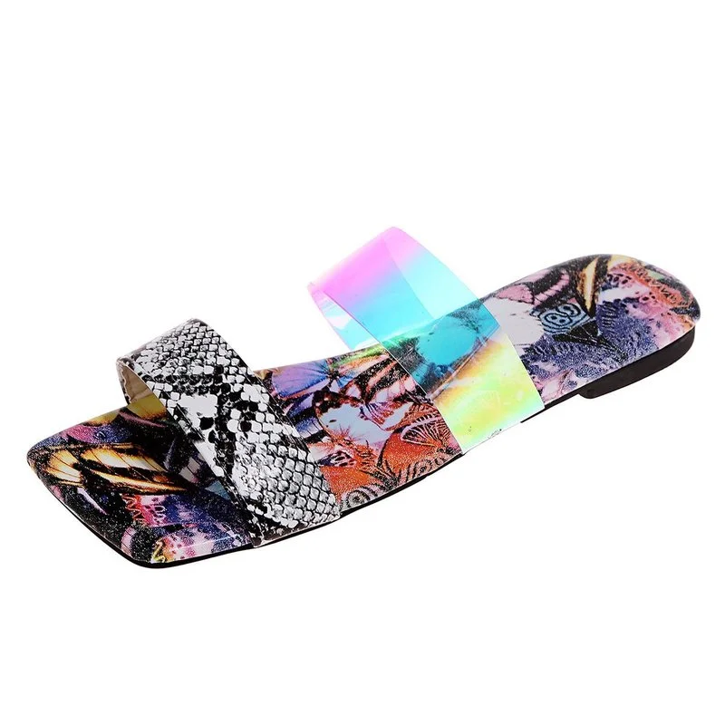 

Summer Women Outdoor Slippers Pu Leather Transparent Strap Flat Open Toe Rubber Sole Fashion Casual Beach Slides Ladies Shoes