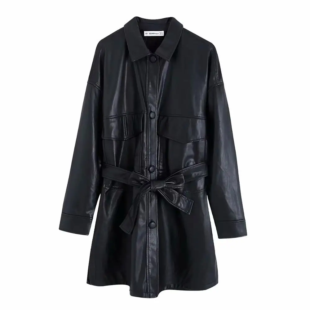 BB9867 Black Осенняя черная блузка-рубашка из искусственной кожи с длинным рукавом и отворотами, пояс с карманами, Женская прямая однотонная блуза с поясом - Цвет: BB9867 Black