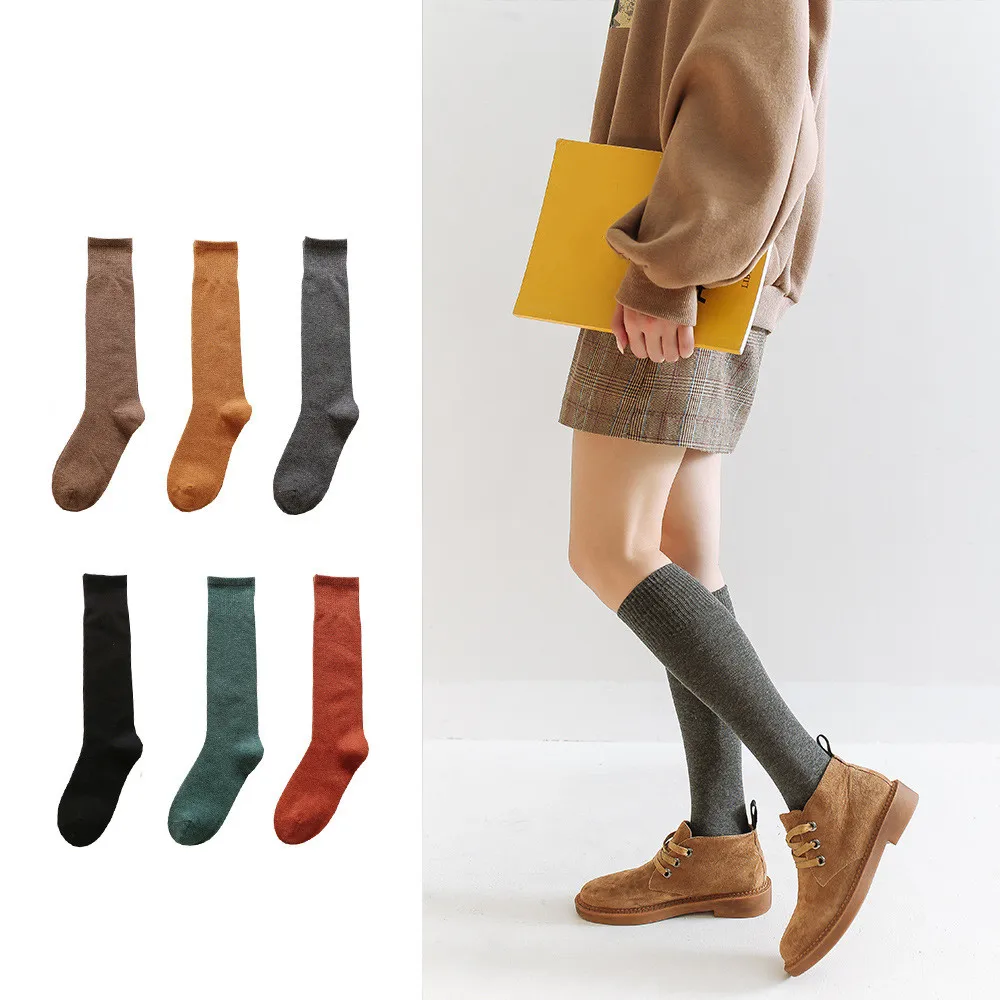 

College Style Women's Stockings Casual Solid Black White Knee Socks Japanese Kawaii Cute School Students Cotton Soft Long Socks