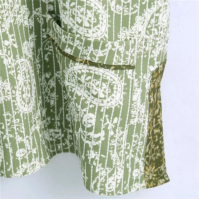 

NWOMN Blouses Women Za 2021 Green Summer Woman Top Vintage Print Short Sleeve Blouse Female Striped Long Tunic For Women