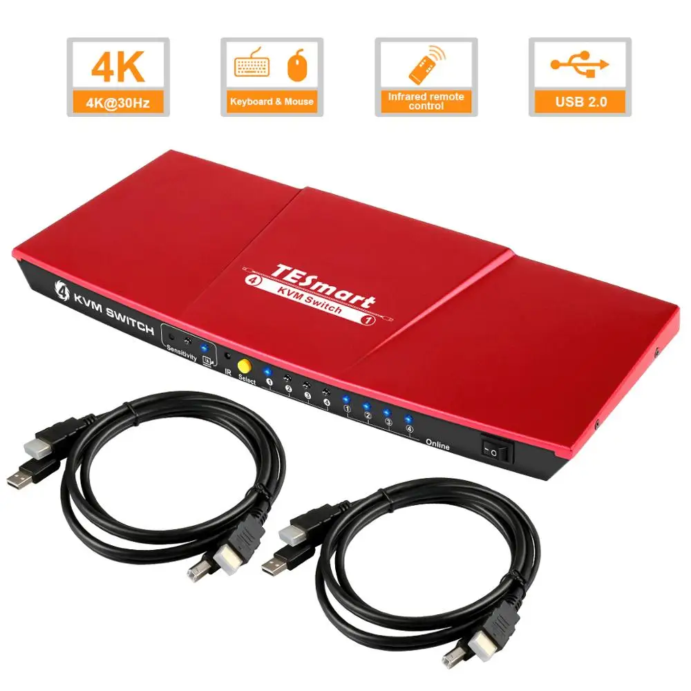 HDMI KVM Switch 4Port USB2.0 KVM HDMI Switch 4K30Hz High Quality USB Support 3840*2160/4K*2K Extra USB2.0 Port