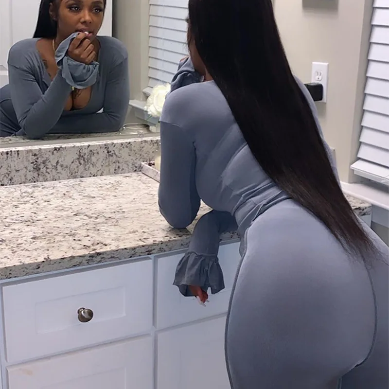 

Split Spring Two Piece Set Women's Tracksuit Top And Pants Suit Petal Long Sleeve Matching Set Casual Solid Leggings Streetwear