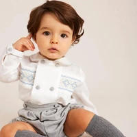 2021 spanish baby boys clothes set children hand made smocked white shirts peter pan collar gray shorts toddler smocking outfits