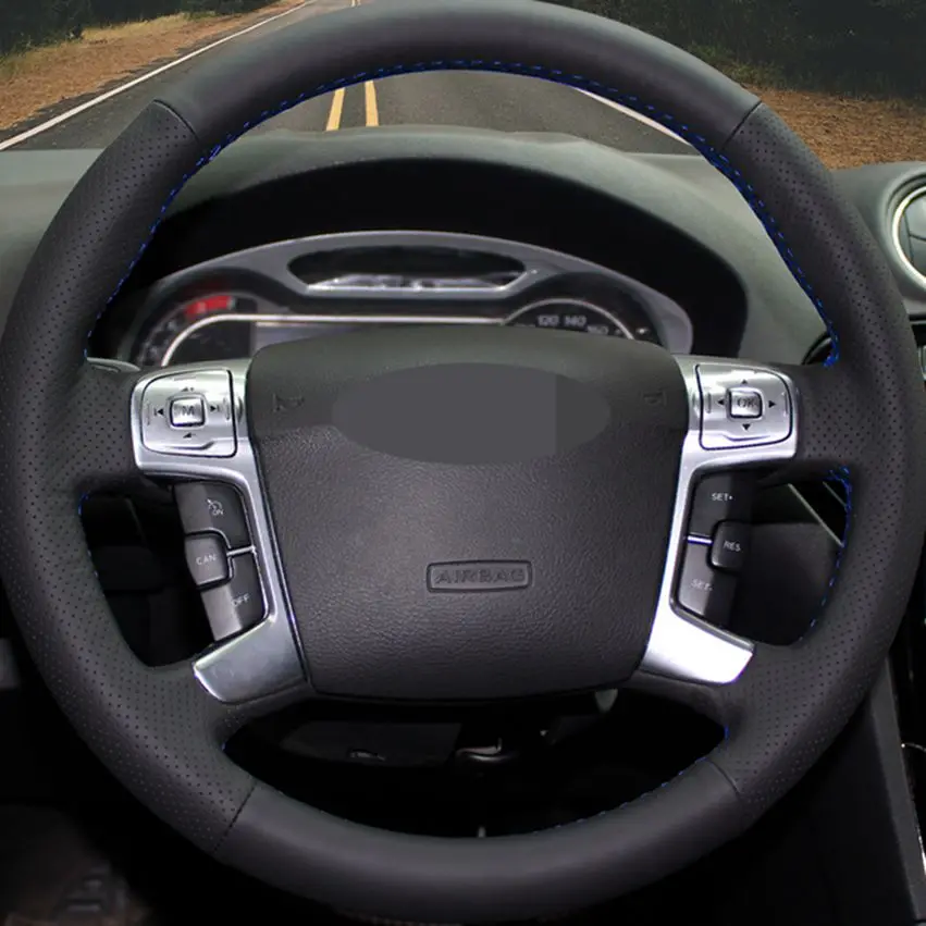 black artificial leather steering wheel covers hand stitched car steering wheel cover for ford mondeo mk4 2007 2012 s max 2008 free global shipping