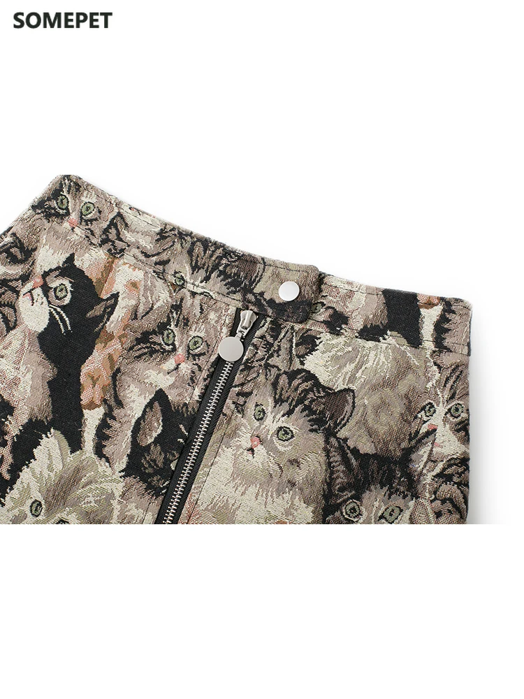 

Harajuku Women Cat Pattern Skirts Korean High Waist A-Line High Waist Falda Mujer Vintage Cartoon Streetwear Female Skirt