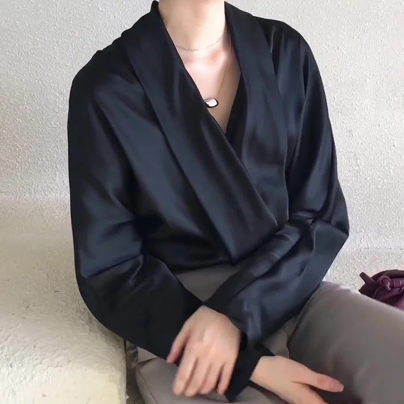 2020 весенние винтажные шелковые блузы с v-образным вырезом женские рубашки