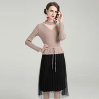 new arrival autumn knitted mesh party dress woman hollow out patchwork stand collar long sleeve lace up sweater midi robe s58319