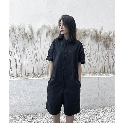 Темный черный комбинезон в стиле ретро летний с коротким рукавом 2020 | Женская