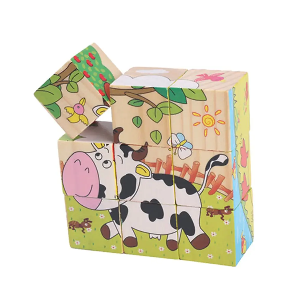 Farm animals 9 шт./лот 3D Детские деревянные блоки игрушки животные Пасьянс домино детские развивающие игрушки мультфильм печати деревянные кубики игрушки Brinquedos - Цвет: Farm animals