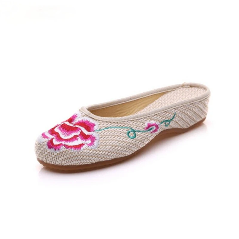 

Special Offer Women's Summer Canvas Slipper Floral Embroider Breathable Casual Slides Flat Heel Walking Shoe Standard Size