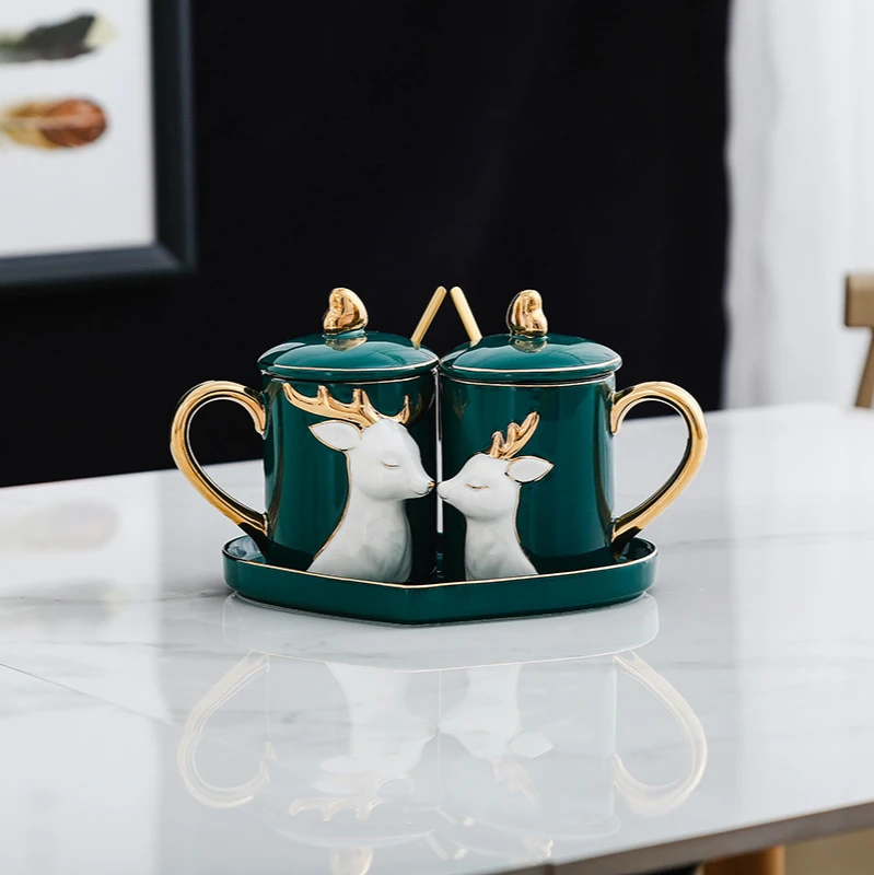 

Nordic Couple Mug Solid Color Gold Drawing Coffee Breakfast Cups with Spoon Tray Household Afternoon Tea Dessert Plate for Gift