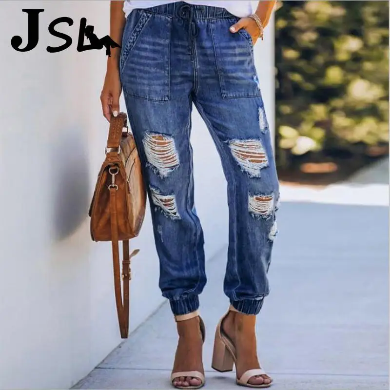 

Повседневные женские джинсы с высокой талией и эффектом пуш-ап, с эластичной резинкой на шнурке, рваные джинсовые брюки в винтажном стиле, п...