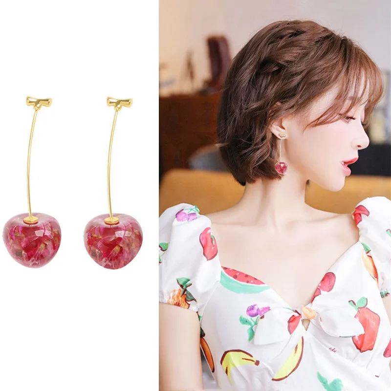 

Серьги Вишенки женские из смолы, нежные розовые серьги с засушенными цветами, для милых девушек, свежие Вишенки