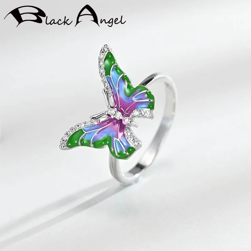 

BLACK ANGEL Colorful Enamel Cute Insect Butterfly Ring For Women 925 Silver CZ Bride Finger Rings Wedding Jewelry Christmas Gift