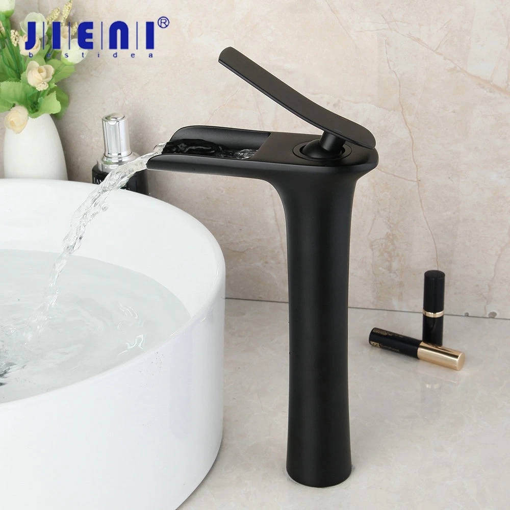 

JIENI Matte Black Waterfall Bathroom Basin Faucet Matte Black Counter Top Water Mixer Tap Solid Brass Wash Basin Sink Faucet