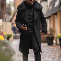 cool man autumn winter long coat faux fur collar casual business streetwear wool blend trench coats men outwear long jacket