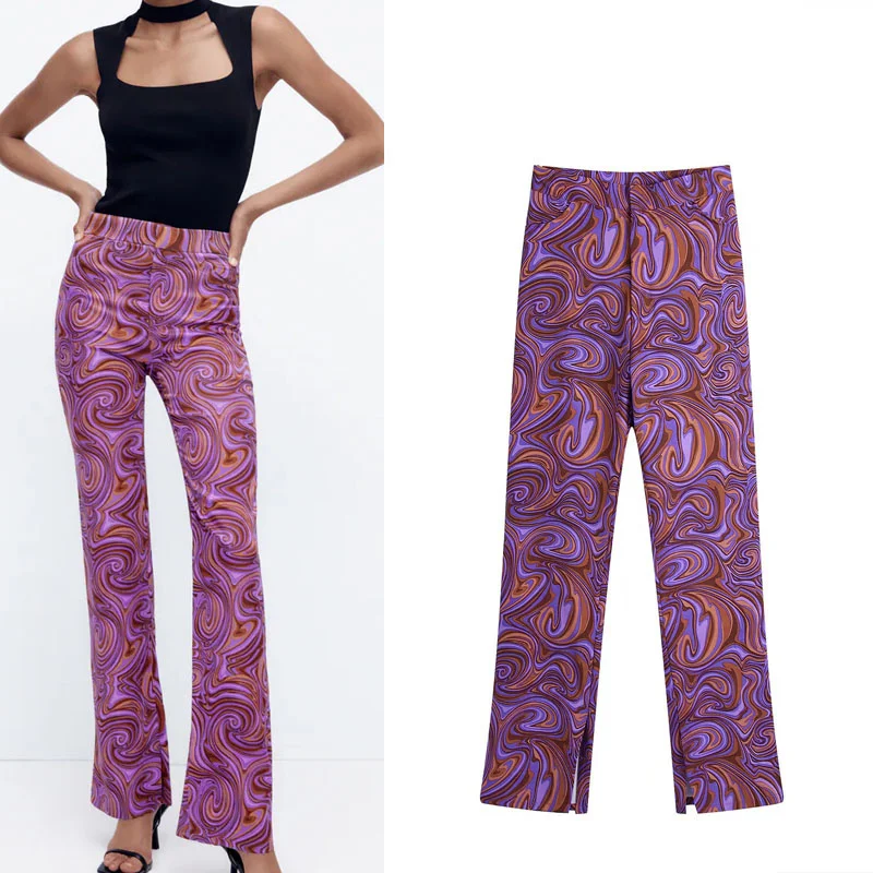 

Женские расклешенные брюки с принтом Za, Модные фиолетовые длинные брюки с высокой талией, винтажные уличные женские брюки с молнией и разре...