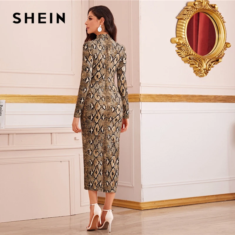 SHEIN abaya, разноцветное платье с воротником-стойкой, с разрезом сзади и завязкой спереди, змеиный принт, женское осеннее приталенное платье-карандаш, элегантные длинные платья