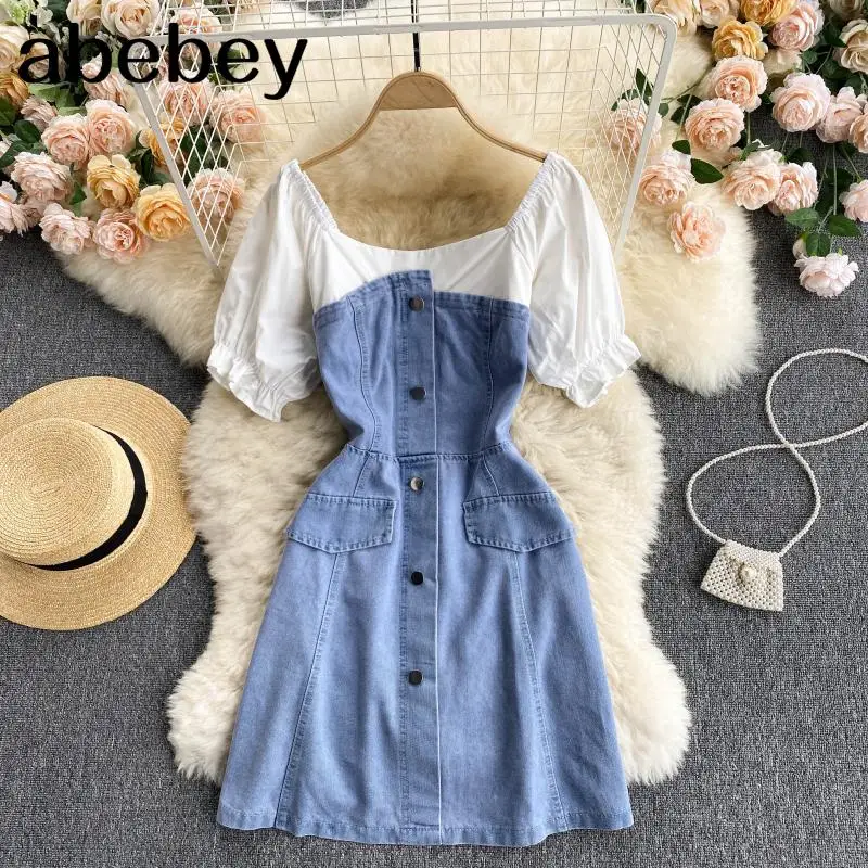 

Women Retro Denim Dress Korean Short Sleeve A Line Dresses Summer Fashion Streetwear Short Dress