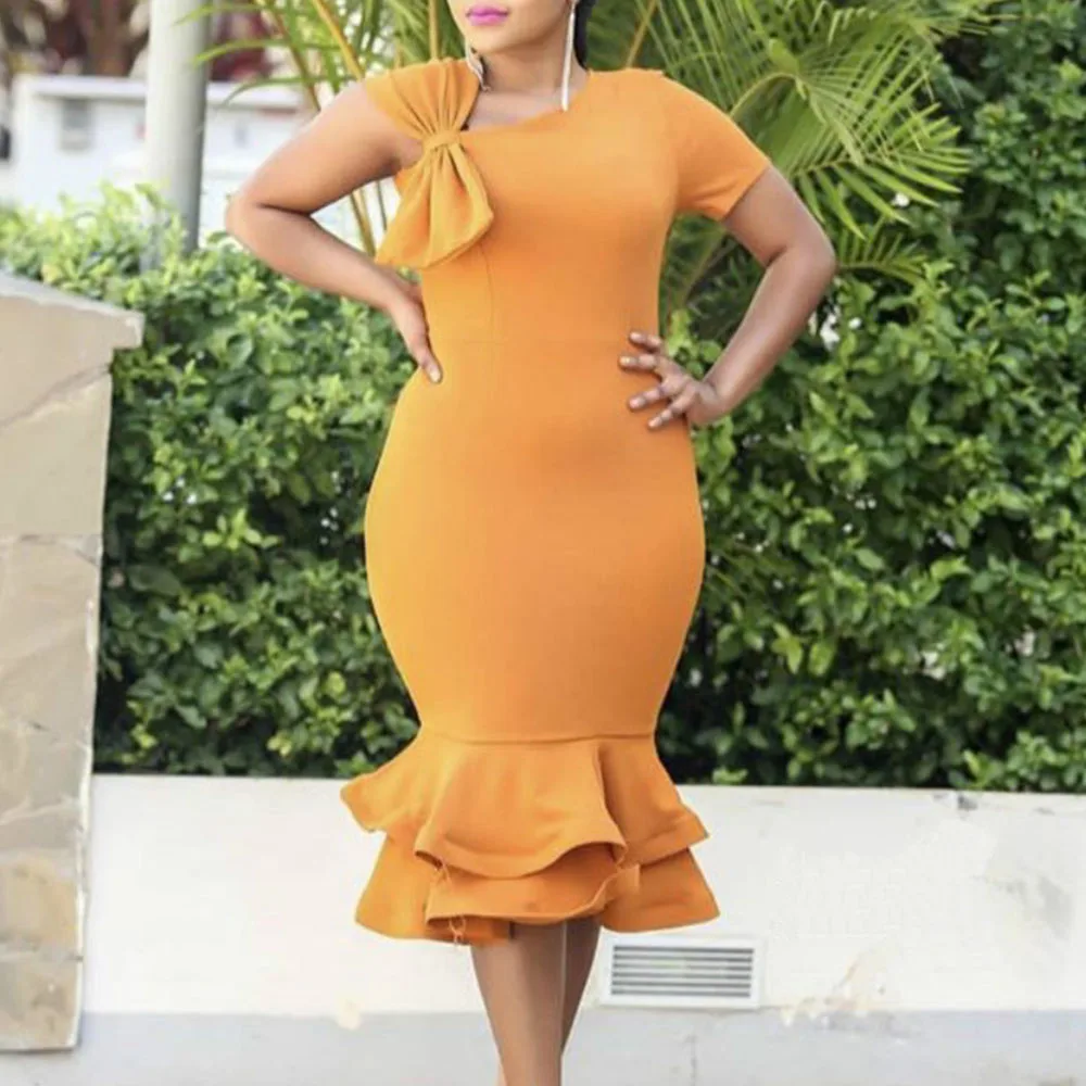 Оранжевое платье с оборками и русалкой асимметричный бант Коктейльные Вечерние