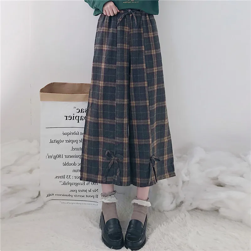 

Wide Leg Pants Elastic Waist Bandage Bow Vintage Plaid Ankle-Length Pants Cute Girl Trousers