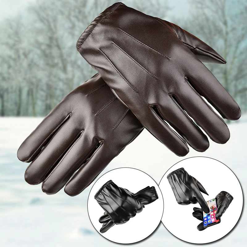 1pair Men's PU Leather Winter Autumn Driving Keep Warm Gloves Cashmere Tactical Gloves Black Outdoor Sports Waterproof Mitten