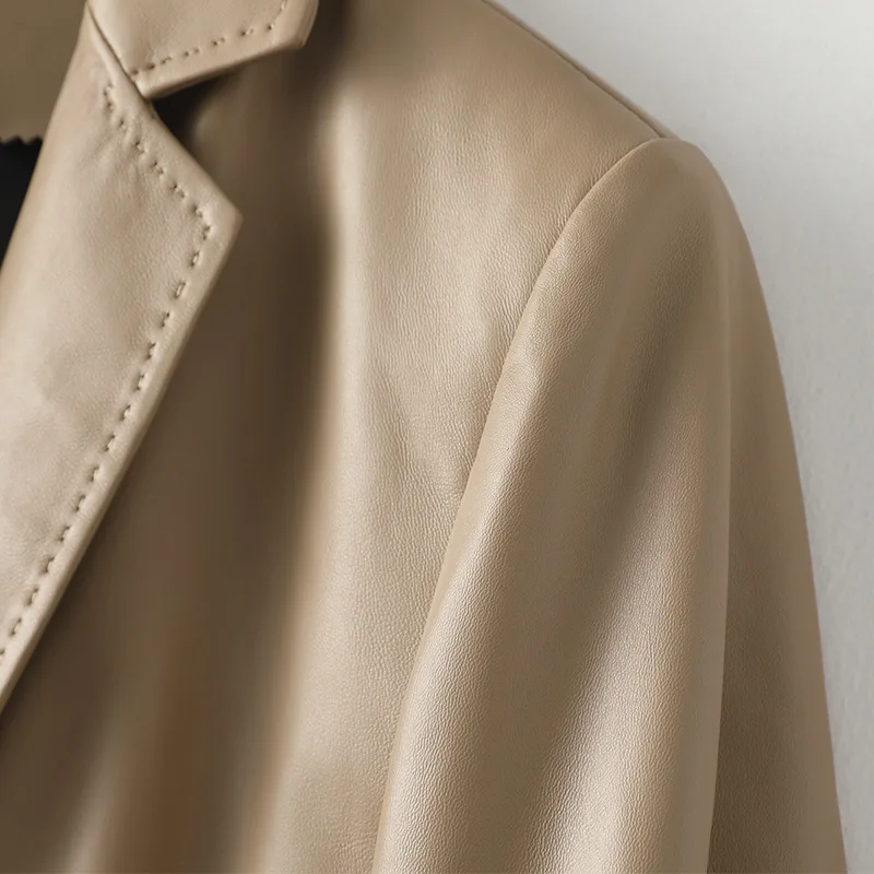 2021 Spring New Soft Sheepskin Khaki Coat Women's Slim Fit Genuine  Leather Mid Length High Quality Single Button Simple Jacket