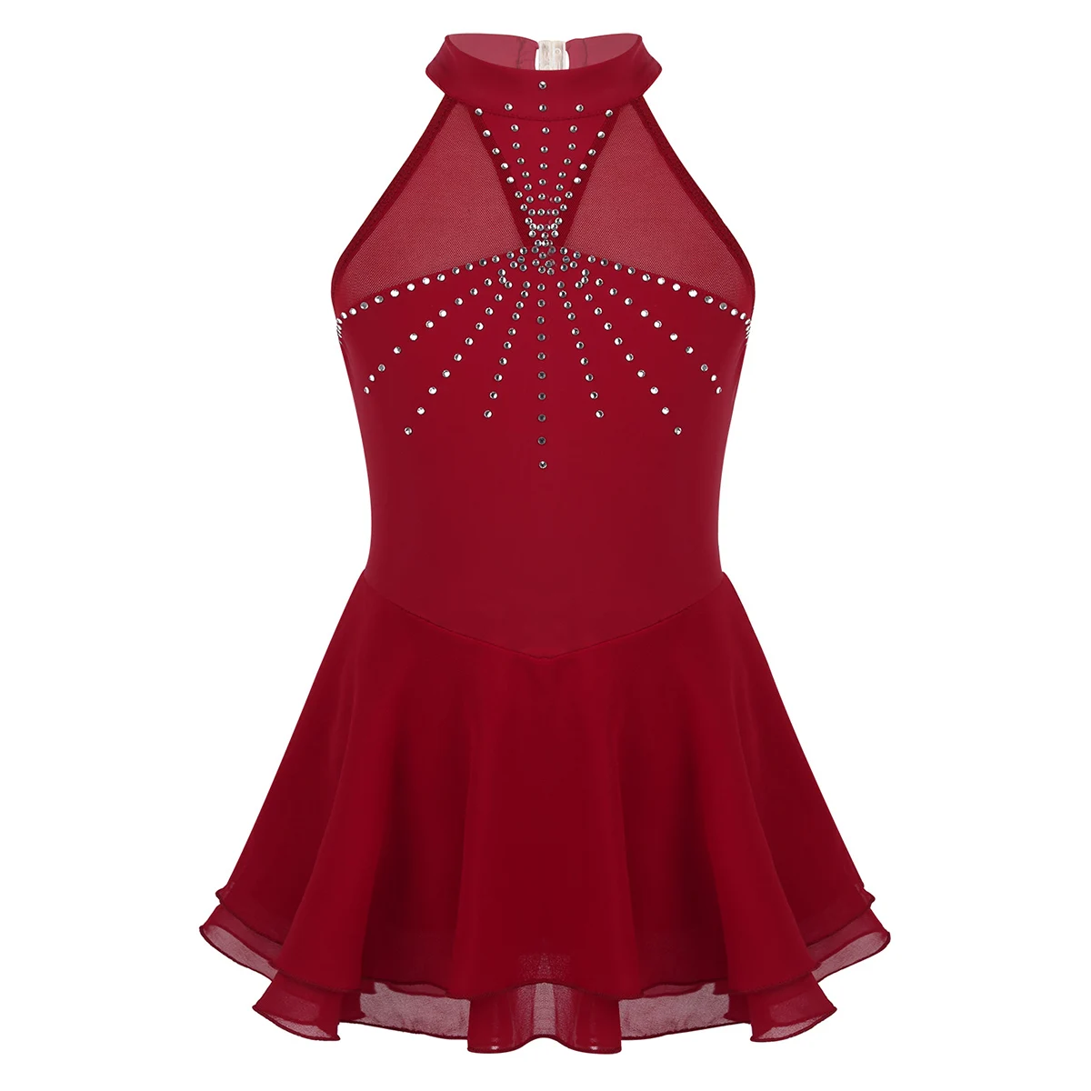

Kids Dancewear Sleeveless Shiny Rhinestones Mesh Splice Gymnastics Leotard Girls Ballet Figure Skating Dress Performance Costume