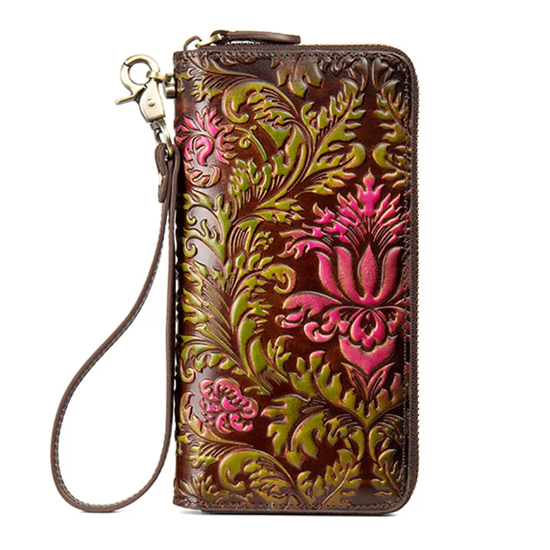 

YourSeason Genuine Leather Ladies Large Clutch Wallet Card Holder 2021 Women Vintage Long Zipper Hand Painted Phone Purse