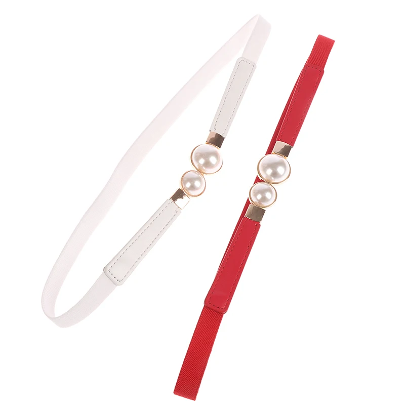 

Fashion Women Double Pearl Belt Female PU Leather Dress Waist Elastic Thin Belts