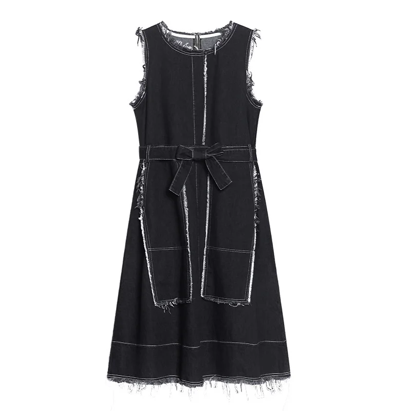 

QING MO 2021 Summer New Women Denim Dress Sleeveless High Waist Lace Up Dress Fashion Trend Loose Women Dress Black Blue ZWL087