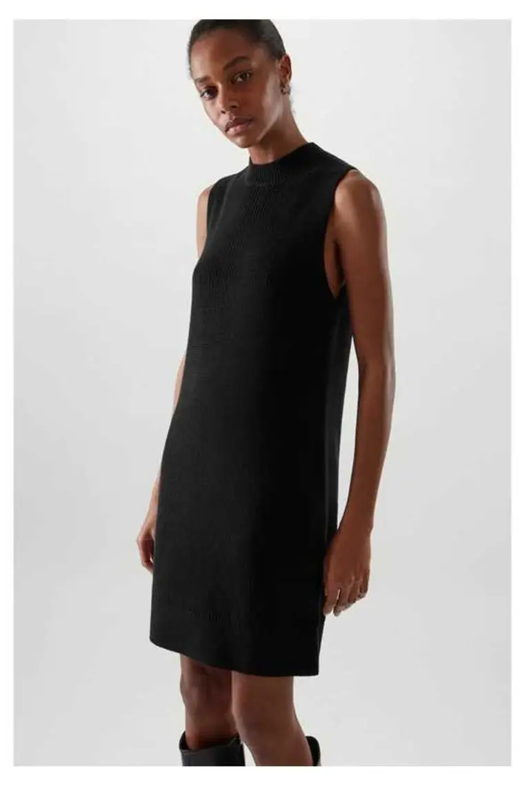 

Женское трикотажное платье без рукавов, черное прямое платье средней длины из 2021 хлопка с круглым вырезом, осень 100%
