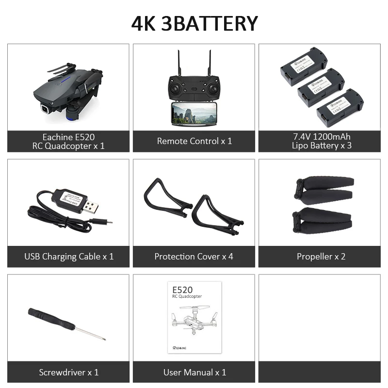 4K 3Batteries Eachine E520 Wi-Fi FPV Дрон 4 K/1080 P HD широкоугольная камера высота удержания Складная воздушная видео Квадрокоптер самолет Модернизированный E58 - Color: 4K 3Batteries